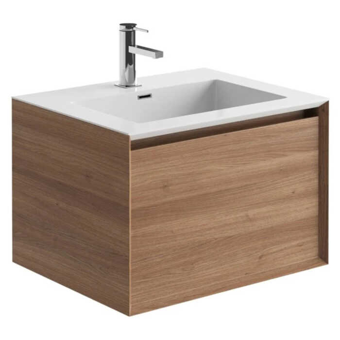 Natural Oak Wall Hung Vanity Unit with White Basin 600mm