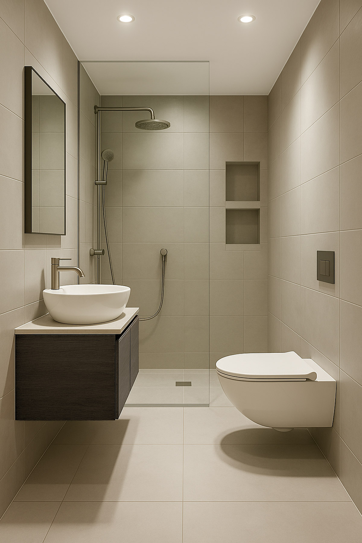 narrow-bathroom-wallhung modern long bathroom layout with floating vanity and central shower