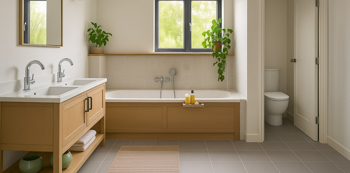 Modern family bathroom with double sink vanity, built-in bath, and separate WC area – ideal for everyday family routines